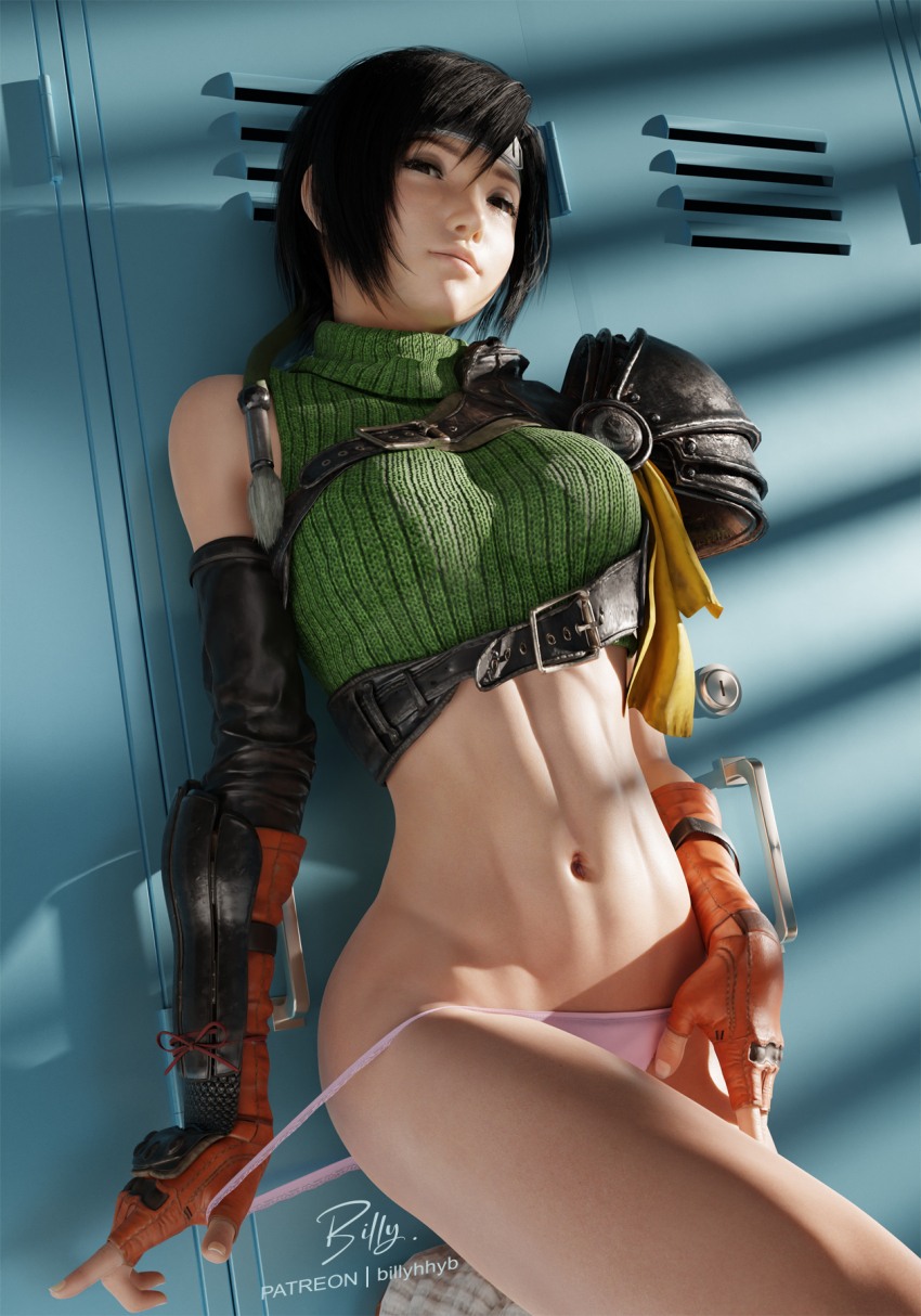 1girl 3d abs against_locker armor artist_name billyhhyb black_hair breasts clothes_pull crop_top final_fantasy final_fantasy_vii final_fantasy_vii_remake fingerless_gloves gloves headband highres large_breasts locker locker_room looking_at_viewer naughty_face navel orange_gloves panties panty_pull patreon_username pink_panties pulling_own_clothes seductive_smile short_hair shoulder_armor sleeveless sleeveless_turtleneck smile solo teasing toned toned_female turtleneck underwear undressing yuffie_kisaragi