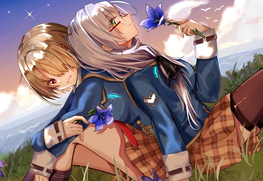 2girls back-to-back blonde_hair blue_jacket breasts dawn e69465 flower glasses gradient_sky green_eyes grey_hair hair_ornament hair_over_one_eye hair_over_shoulder hairclip heaven_burns_red highres izumi_yuki_(heaven_burns_red) jacket kayamori_ruka long_hair long_sleeves low-tied_long_hair multiple_girls ocean on_grass one_eye_covered purple_flower red_eyes round_eyewear school_uniform seaside shirt short_hair sitting sky white_shirt yuri