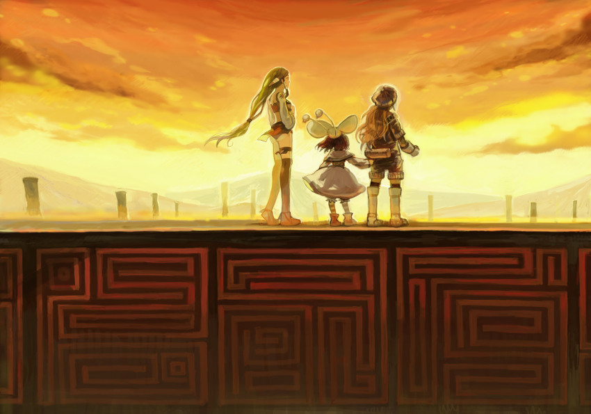 00s 1boy 2girls ass dress end_of_the_world_(grandia) feena_(grandia) game_arts grandia grandia_i green_hair hair_ornament highres justin_(grandia) multiple_girls nd orange_hair purple_hair puui_(grandia) sky sue_(grandia) thighhighs