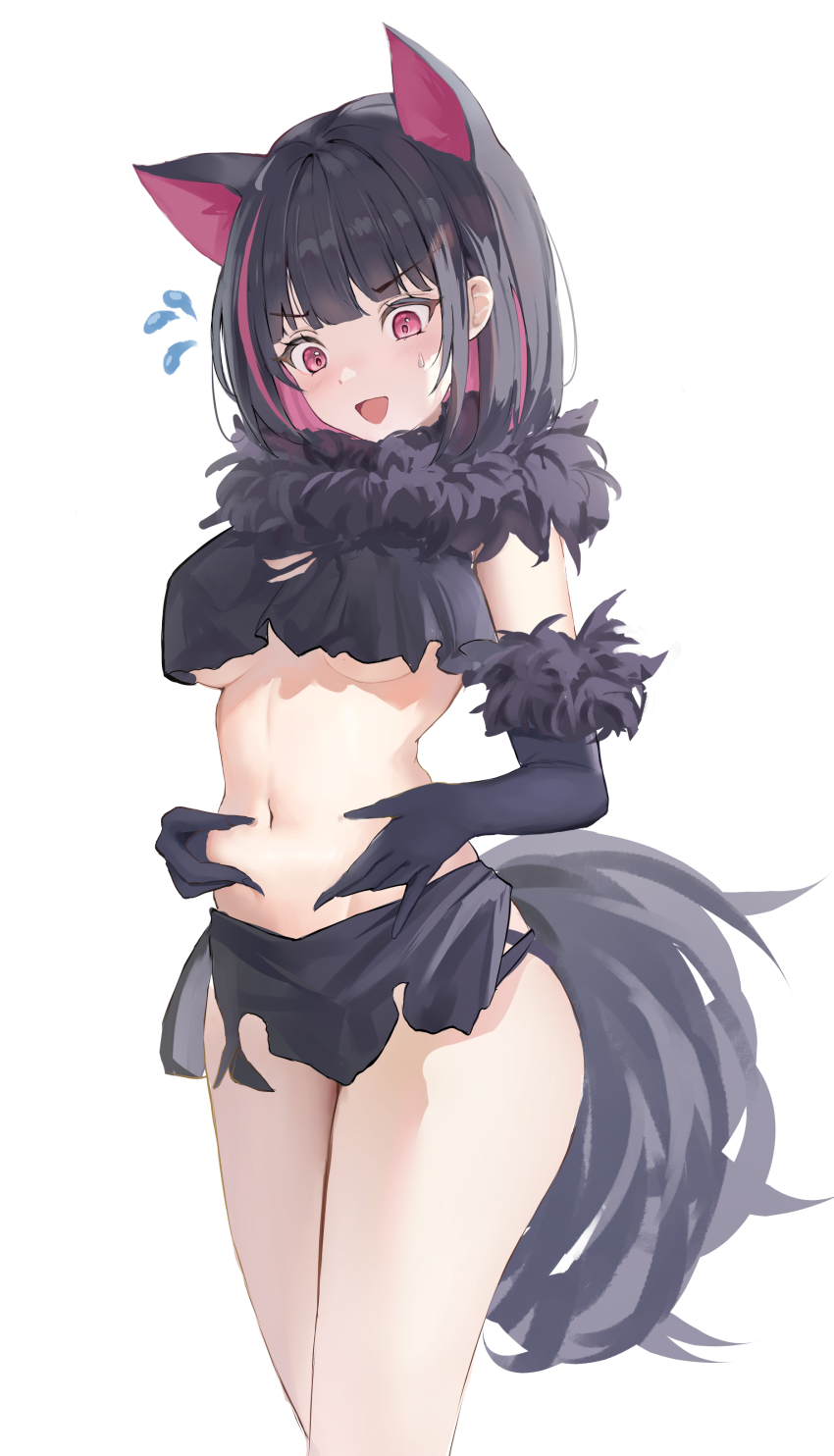 1girl :d absurdres animal_ears belly_grab black_gloves black_hair black_skirt blue_archive blush breasts cat_ears cat_girl colored_inner_animal_ears colored_inner_hair commentary_request crop_top elbow_gloves extra_ears flying_sweatdrops fur-trimmed_gloves fur_scarf fur_trim gloves halloween_costume highres i_ruru kazusa_(blue_archive) kazusa_(halloween)_(blue_archive) medium_breasts miniskirt multicolored_hair navel nervous_smile no_halo official_alternate_costume open_mouth pink_hair short_hair skirt smile solo stomach sweatdrop tail thighs torn_clothes torn_skirt two-tone_hair werewolf_costume