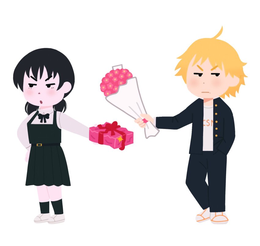 1boy 1girl black_dress black_hair blonde_hair bouquet bubblemunne chainsaw_man commentary denji_(chainsaw_man) dress english_commentary flower fourth_east_high_school_uniform gakuran gift hand_in_pocket hand_on_own_hip highres holding holding_bouquet holding_gift irasutoya mifune_takashi_(style) mitaka_asa parody pinafore_dress school_uniform sleeveless sleeveless_dress style_parody v-shaped_eyebrows