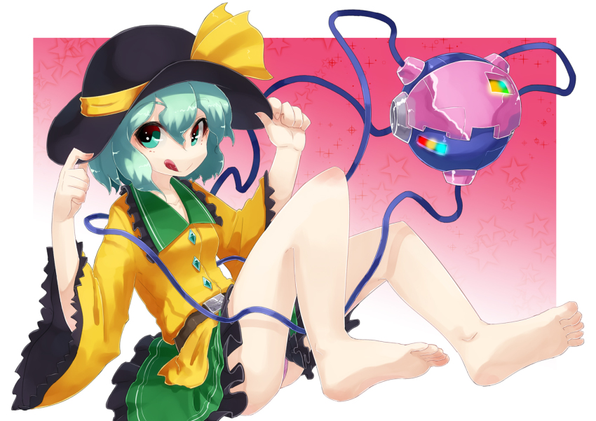 1girl :d bare_legs barefoot belt feet female_focus green_eyes green_hair hashiro hat hat_ribbon holding holding_hat holding_unworn_clothes komeiji_koishi matching_hair/eyes mechanical open_mouth panties pantyshot pink_background pink_panties ribbon short_hair skirt smile solo third_eye toes touhou underwear upskirt wide_sleeves