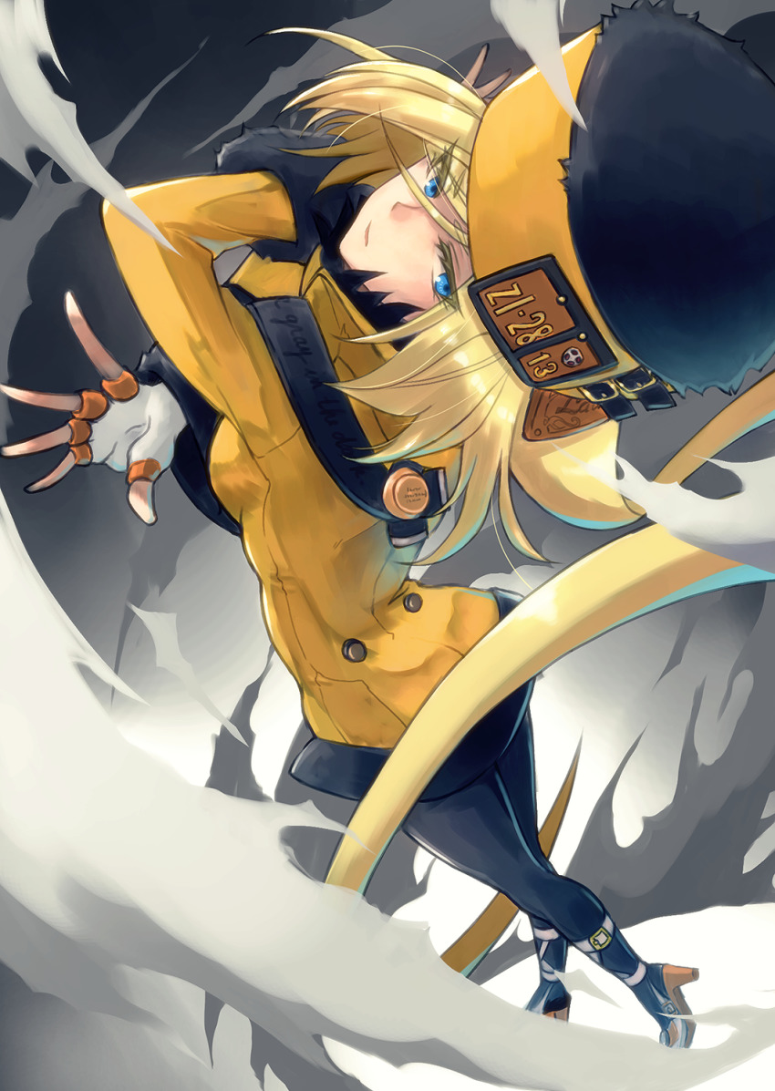 1girl 966 black_pantyhose blonde_hair blue_eyes blush breasts buckle female_focus fingerless_gloves gloves guilty_gear guilty_gear_xrd hat high_collar high_heels highres long_hair long_sleeves looking_at_viewer millia_rage pantyhose solo very_long_hair white_footwear white_gloves