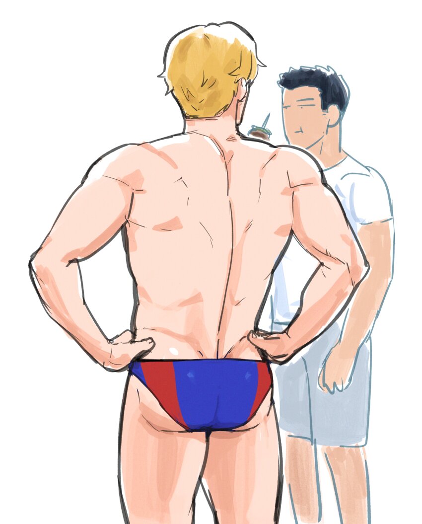 2boys absurdres ao_isami ass bara black_hair blonde_hair couple eating facial_hair feet_out_of_frame from_behind highres holding holding_skewer lewis_smith male_focus male_swimwear multiple_boys muscular muscular_male no_eyes official_alternate_costume sideburns_stubble skewer standing stubble swim_briefs swim_trunks thick_eyebrows topless_male unfinished uraranas yaoi yuuki_bakuhatsu_bang_bravern