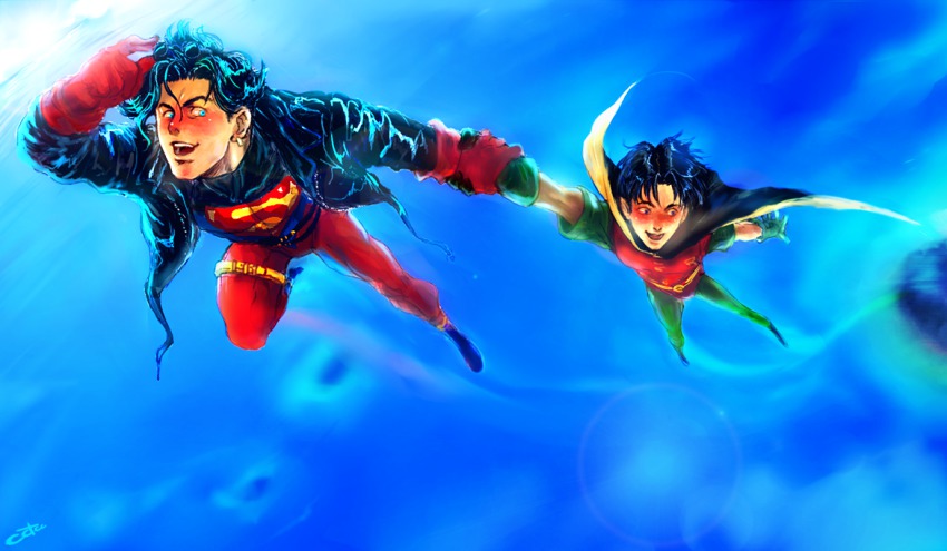 2boys batman_(series) black_hair blue_eyes cape dc_comics earrings flying gloves jewelry kon-el male_focus multiple_boys ocean pixiv_sample robin_(dc) s_shield smile superboy superman_(series) tim_drake water young_justice