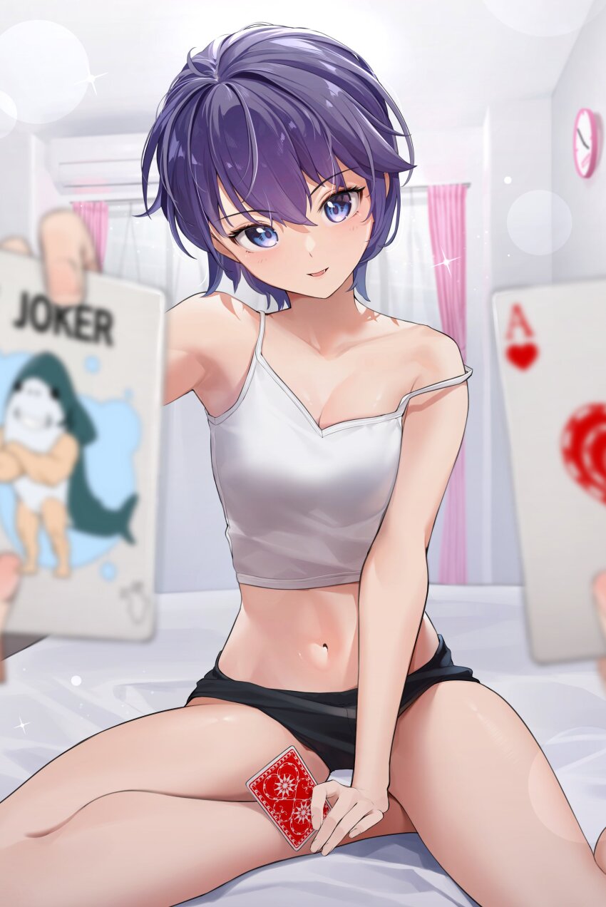 1girl absurdres blue_eyes camisole card card_game highres indoors midriff navel old_maid original playing_card pov purple_hair short_hair short_shorts shorts sitting spaghetti_strap strap_slip vegetablenabe