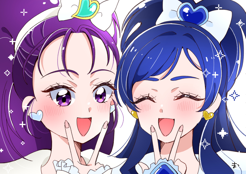 2girls blue_hair blush bow closed_eyes cure_egret cure_white dress earrings futari_wa_precure futari_wa_precure_max_heart futari_wa_precure_splash_star gold_earrings hair_bow hair_ornament hair_ribbon hairband heart heart_earrings heart_hair_ornament high_ponytail highres jewelry long_hair magical_girl matsu_(horoyoitaina) mishou_mai multiple_girls open_mouth precure purple_eyes purple_hair ribbon signature smile upper_body v very_long_hair white_bow white_dress white_hairband white_ribbon yukishiro_honoka