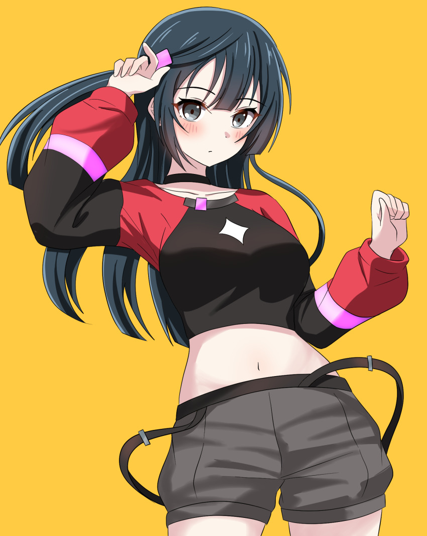 1girl arm_up black_hair blush breasts clenched_hand closed_mouth commentary_request cowboy_shot cropped_shirt expressionless go_our_way! grey_eyes grey_shorts hand_up highres katanashi_(ktnsh_popu) large_breasts long_hair long_sleeves love_live! love_live!_nijigasaki_high_school_idol_club love_live!_nijigasaki_high_school_idol_club_next_sky midriff navel one_side_up orange_background puffy_long_sleeves puffy_sleeves raglan_sleeves short_shorts shorts simple_background solo yuki_setsuna