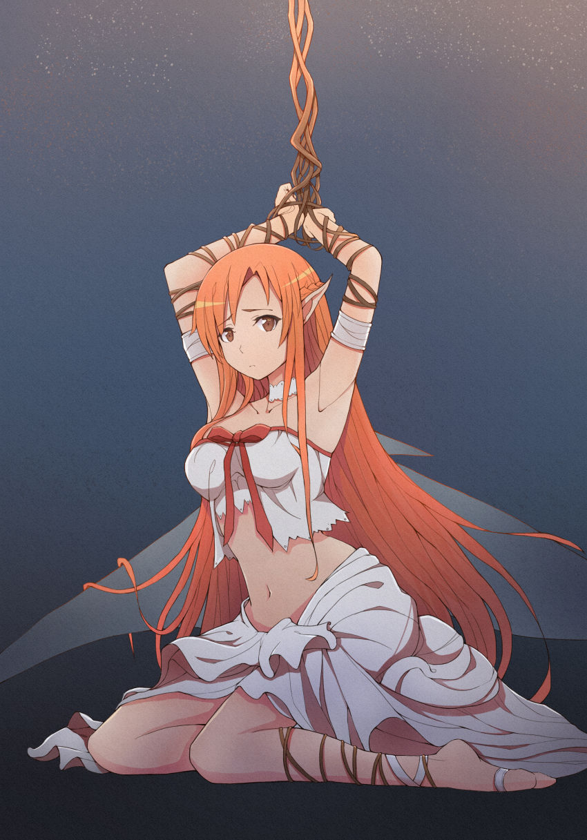 1girl absurdres asuna_(sao) barefoot bdsm bondage bound bound_wrists braid breasts fairy_wings highres medium_breasts midriff orange_eyes orange_hair pointy_ears restrained solo sword_art_online titania_(sao) wings worried yang_zheng_yu