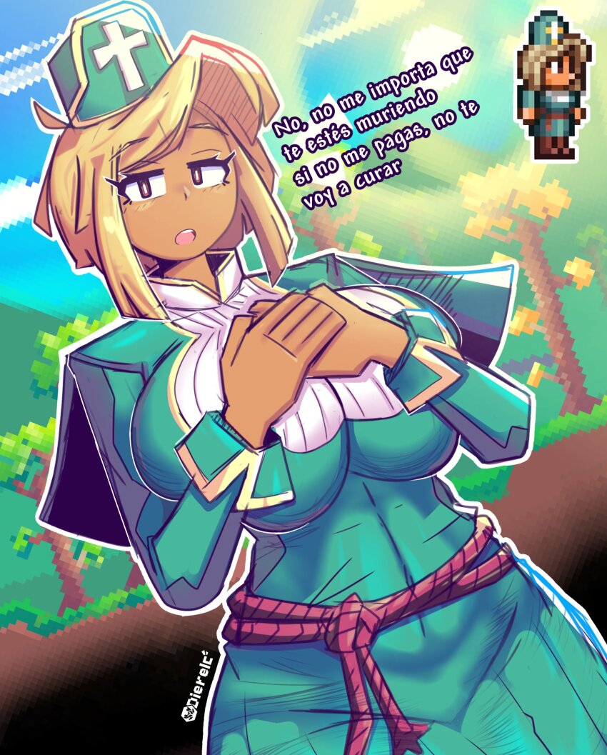 1girl absurdres artist_logo artist_name blonde_hair breasts brown_eyes dark-skinned_female dark_skin dierelc dress female_focus green_dress hat highres large_breasts looking_at_viewer nurse nurse_(terraria) nurse_cap open_mouth pixel_art rope solo spanish_text terraria