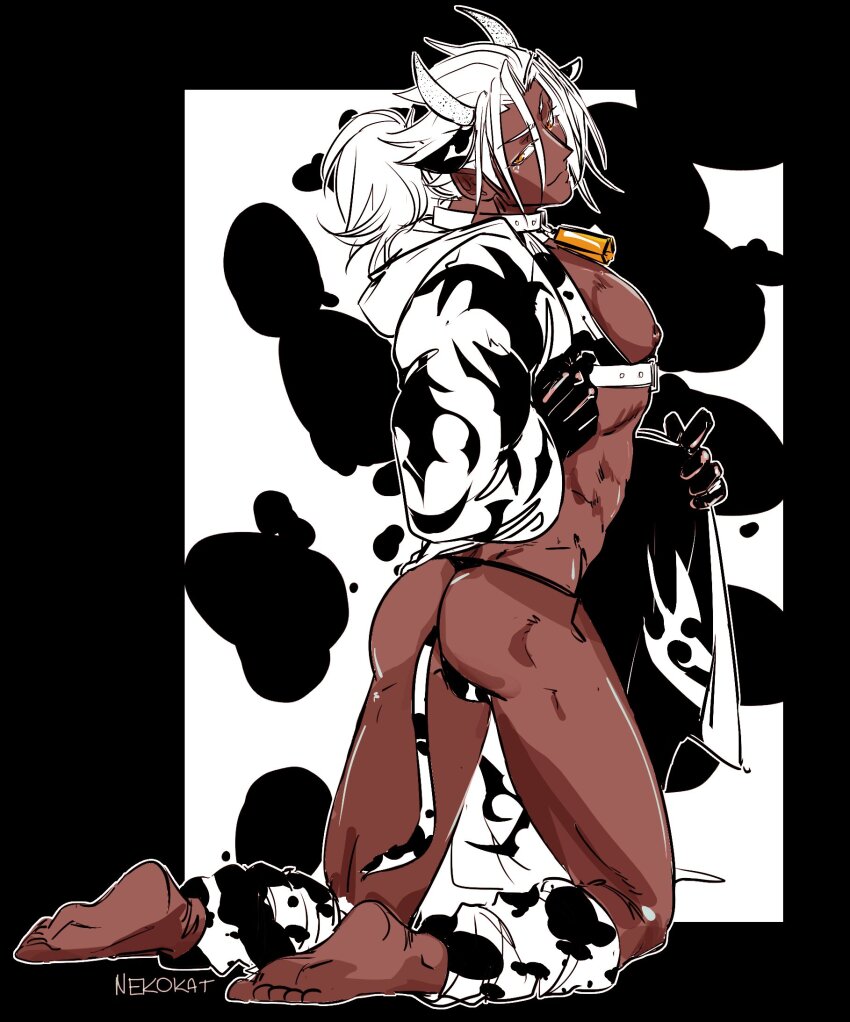 1boy abs alternate_costume alternate_hairstyle anal anal_beads anal_object_insertion anal_tail animal_ears animal_print ass barefoot bell black_gloves bulge butt_plug collar commentary cow_ears cow_horns cow_print cow_print_thighhighs cow_tail cowbell dark-skinned_male dark_skin fake_tail gloves highres horns jacket kingdom_hearts kingdom_hearts_ii kneeling long_hair looking_back male_focus nekokat42 nipples object_insertion open_clothes open_jacket orange_eyes panties pointy_ears ponytail print_thighhighs smile symbol-only_commentary tail thighhighs thighs toned toned_male underwear white_hair xemnas