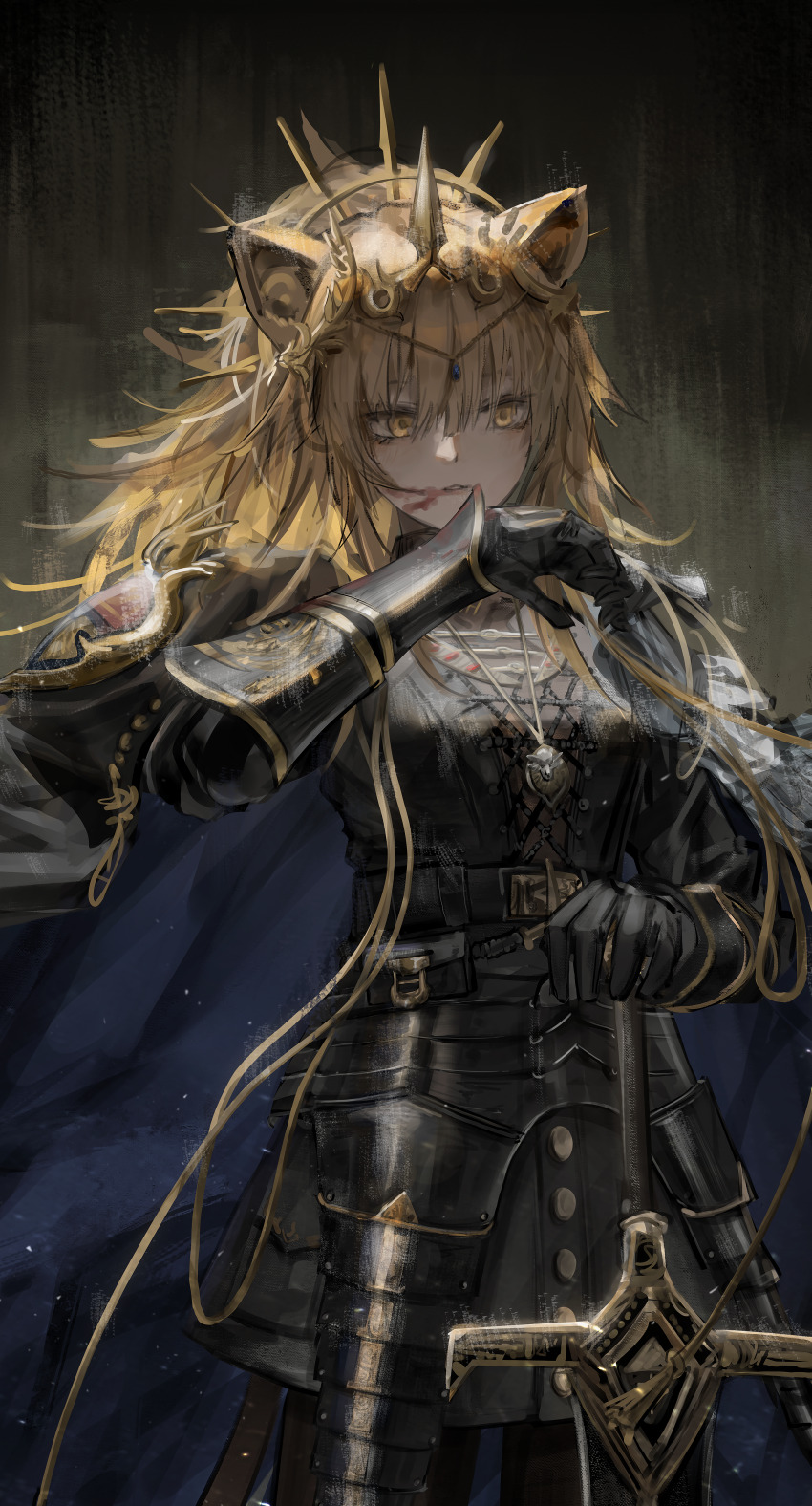 1girl absurdres animal_ears arknights armor black_gloves blonde_hair blood blood_from_mouth cape crown faulds gloves head_chain highres holding holding_sword holding_weapon jewelry laurel_crown lion_ears lion_girl long_hair necklace nueegochi planted planted_sword planted_weapon siege_(arknights) solo sword two-sided_cape two-sided_fabric vambraces vina_victoria_(arknights) weapon yellow_eyes