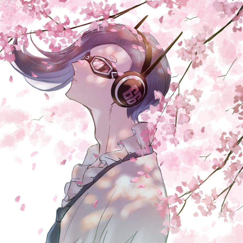 1boy black_hair black_necktie branch cherry_blossoms curly_eyebrows frilled_shirt_collar frills goggles gyaa headphones highres male_focus necktie one_piece pompadour portrait shirt short_hair simple_background solo vinsmoke_niji white_shirt