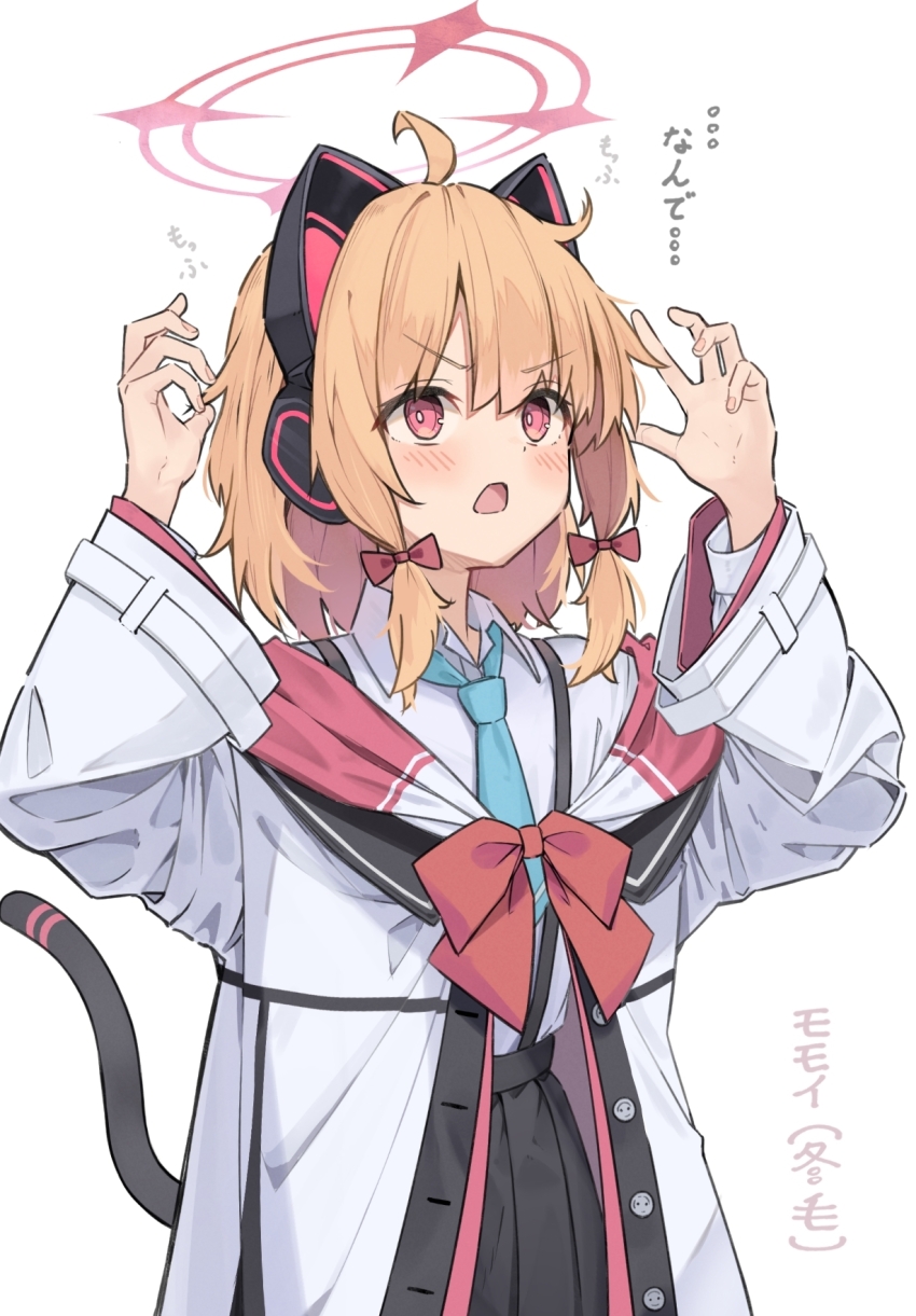 1girl animal_ear_headphones animal_ears blonde_hair blue_archive blue_necktie bow collared_shirt commentary fake_animal_ears fake_tail hachita_(odangoya) hair_ribbon halo headphones highres jacket long_sleeves medium_hair momoi_(blue_archive) necktie open_mouth pleated_skirt red_bow red_eyes red_ribbon ribbon sailor_collar shirt sidelocks simple_background skirt suspender_skirt suspenders tail white_background white_jacket white_shirt