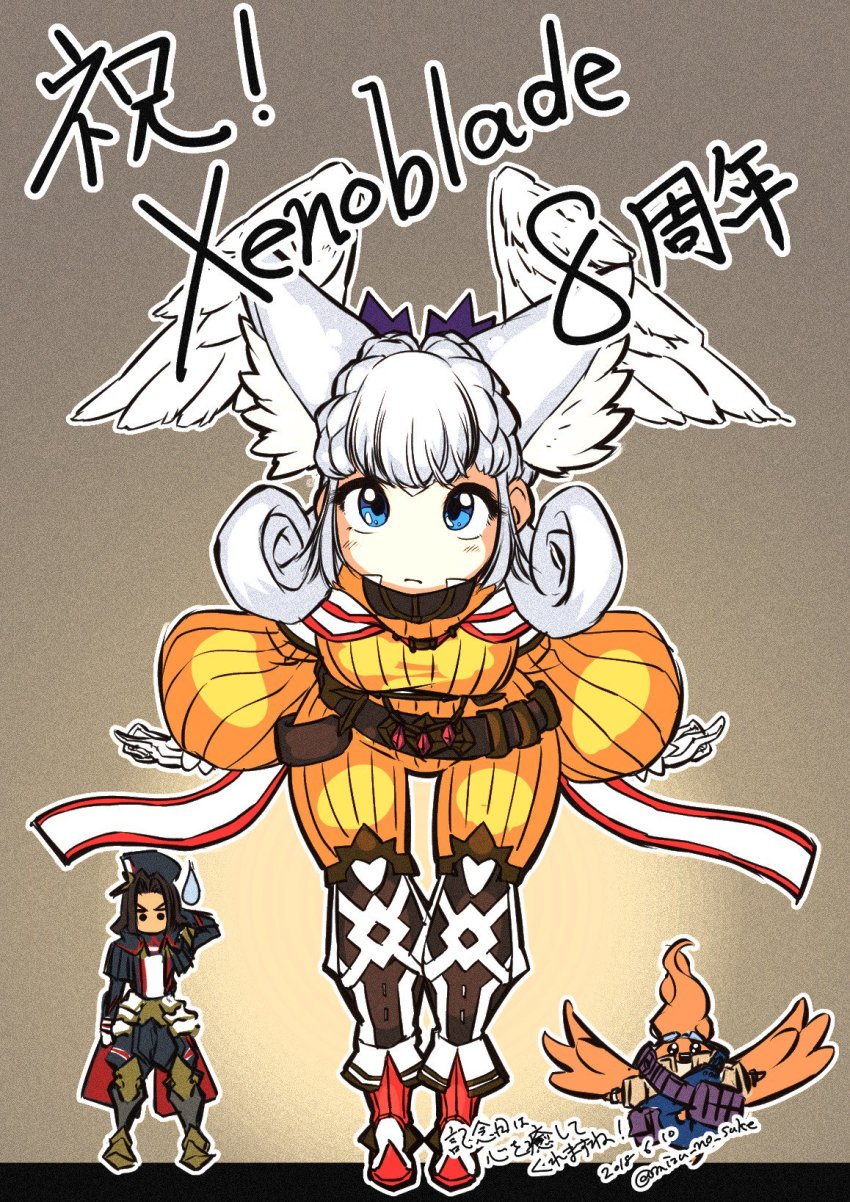 alternate_costume animal_ears blue_eyes cat_ears cosplay dunban_(xenoblade) gloves highres jumpsuit melia_antiqua mizu_no_suke morag_ladair_(xenoblade) nia_(xenoblade) riki_(xenoblade) silver_hair tora_(xenoblade_2) wings xenoblade_chronicles_1 xenoblade_chronicles_(series) xenoblade_chronicles_2 yellow_jumpsuit