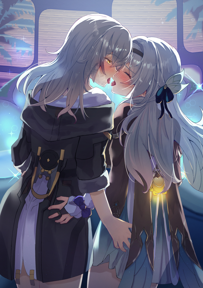 2girls absurdres after_kiss black_gloves black_hairband closed_eyes facing_another firefly_(honkai:_star_rail) from_behind gloves grabbing_another&#039;s_ass grey_hair groping hairband highres honkai:_star_rail honkai_(series) jewelry long_hair long_sleeves looking_at_another looking_to_the_side memeiradesuyo multiple_girls ring shirt standing stelle_(honkai:_star_rail) sweat thighs tongue tongue_out trailblazer_(honkai:_star_rail) white_shirt yellow_eyes yuri