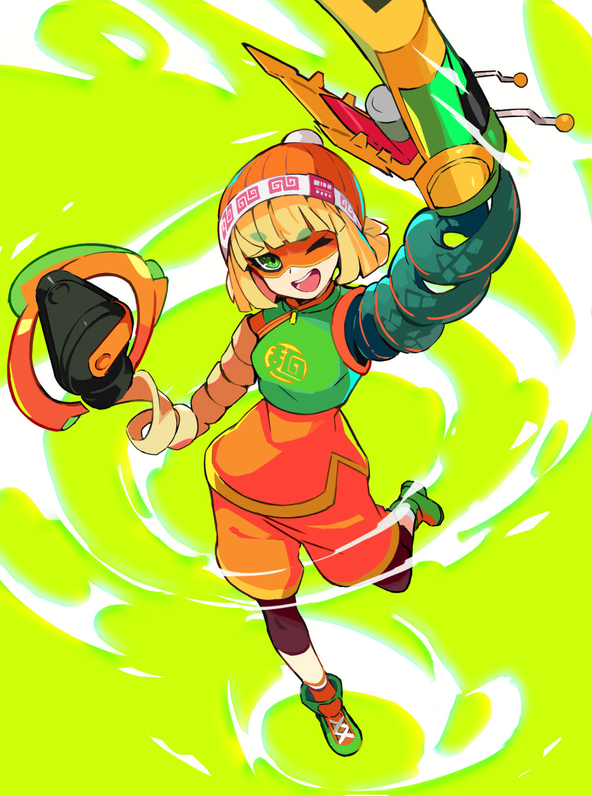 1girl absurdres arms_(game) beanie blonde_hair green_eyes hat highres kurumitsu leg_up leggings mask min_min_(arms) one_eye_closed shorts smile