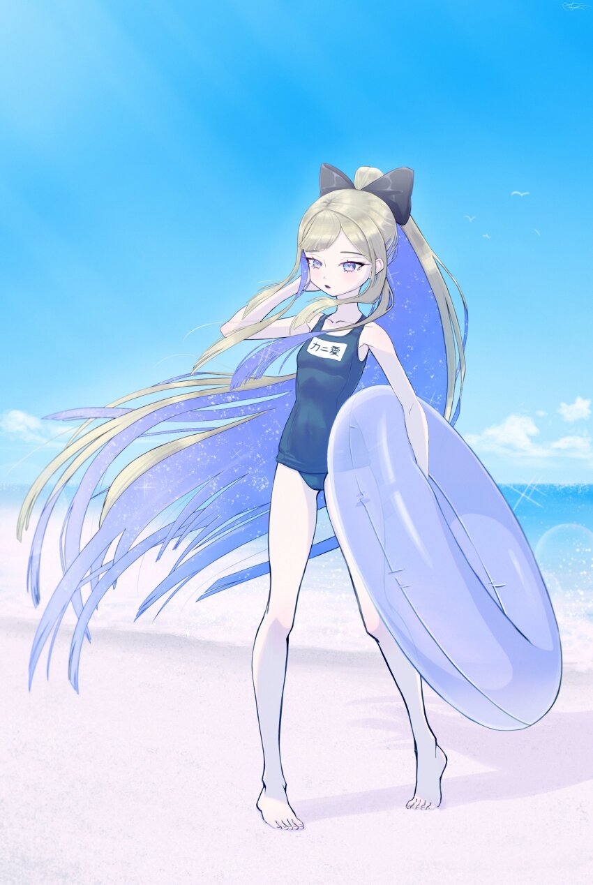 amanogawa_shiina armpits beach blonde_hair bow breasts feet flat_chest long_hair one-piece_swimsuit pale_skin phase_connect ponytail purple_eyes small_breasts swimsuit toes