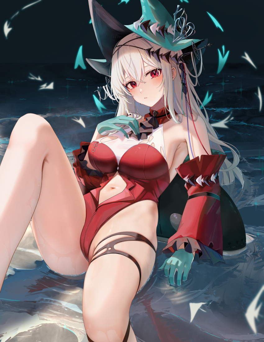 1girl aqua_gloves aqua_hat arknights bare_shoulders blush breasts clothing_cutout commentary detached_sleeves gloves grey_hair hat hat_ornament highres knee_up large_breasts large_hat leotard long_hair long_sleeves looking_at_viewer navel navel_cutout outdoors parted_lips partially_submerged red_eyes red_leotard red_sleeves ru_zhai skadi_(arknights) skadi_the_corrupting_heart_(arknights) skindentation solo symbol-only_commentary thighs water witch_hat