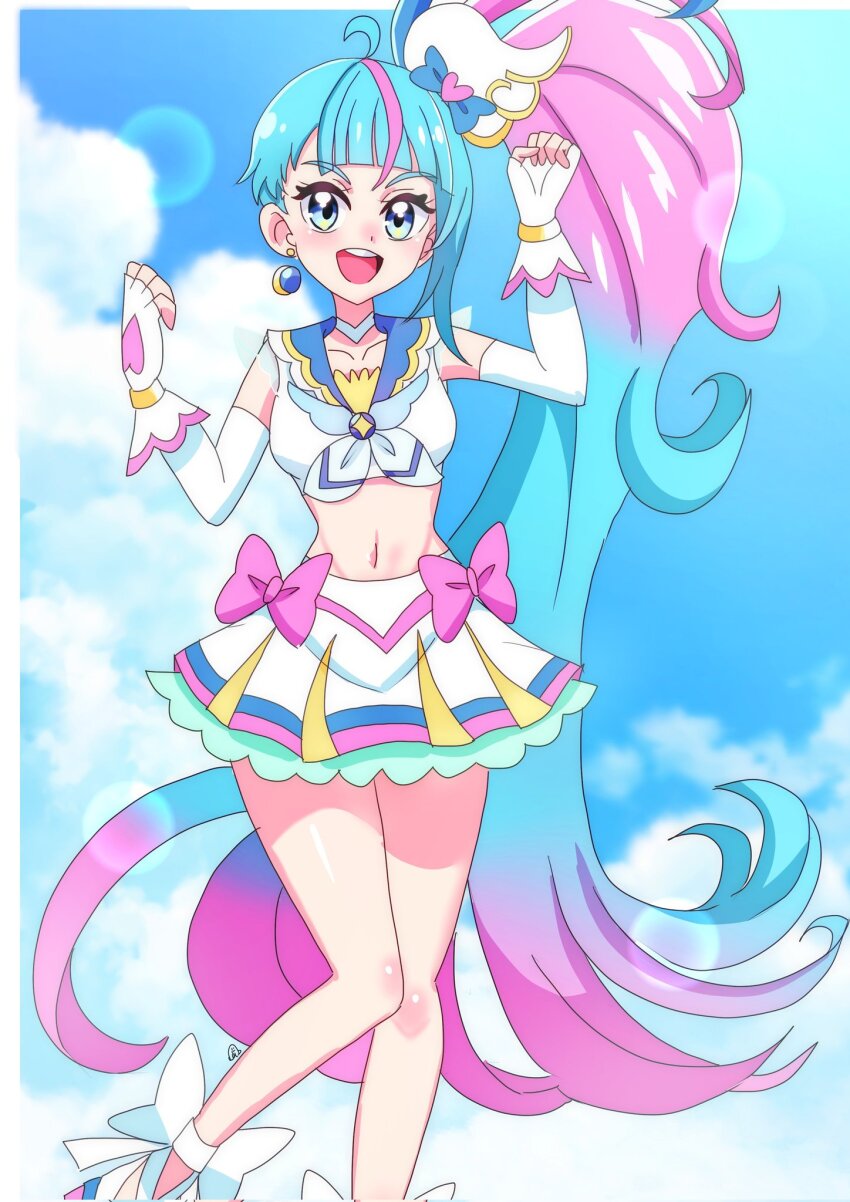 1girl ahoge blue_eyes blue_hair blue_sky breasts cloud cosplay cropped_shirt cure_sky cure_summer cure_summer_(cosplay) fingerless_gloves gloves highres hirogaru_sky!_precure long_hair looking_at_viewer momotarouooi multicolored_hair navel open_mouth pink_hair ponytail precure shirt skirt sky small_breasts smile solo sora_harewataru streaked_hair teeth upper_teeth_only white_footwear white_gloves white_shirt white_skirt