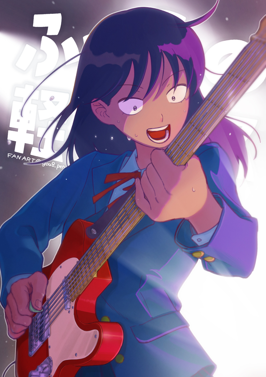 1girl :d absurdres black_eyes black_hair blazer blue_jacket collared_shirt commentary copyright_name dress_shirt electric_guitar fender_telecaster flying_sweatdrops futsuu_no_keion-bu guitar hatono_chihiro highres holding holding_guitar holding_instrument holding_plectrum instrument jacket long_hair long_sleeves neck_ribbon open_mouth playing_guitar plectrum red_ribbon ribbon sanpaku school_uniform shirt sidelighting smile solo sweat text_background upper_body v-shaped_eyebrows white_shirt you8_pen