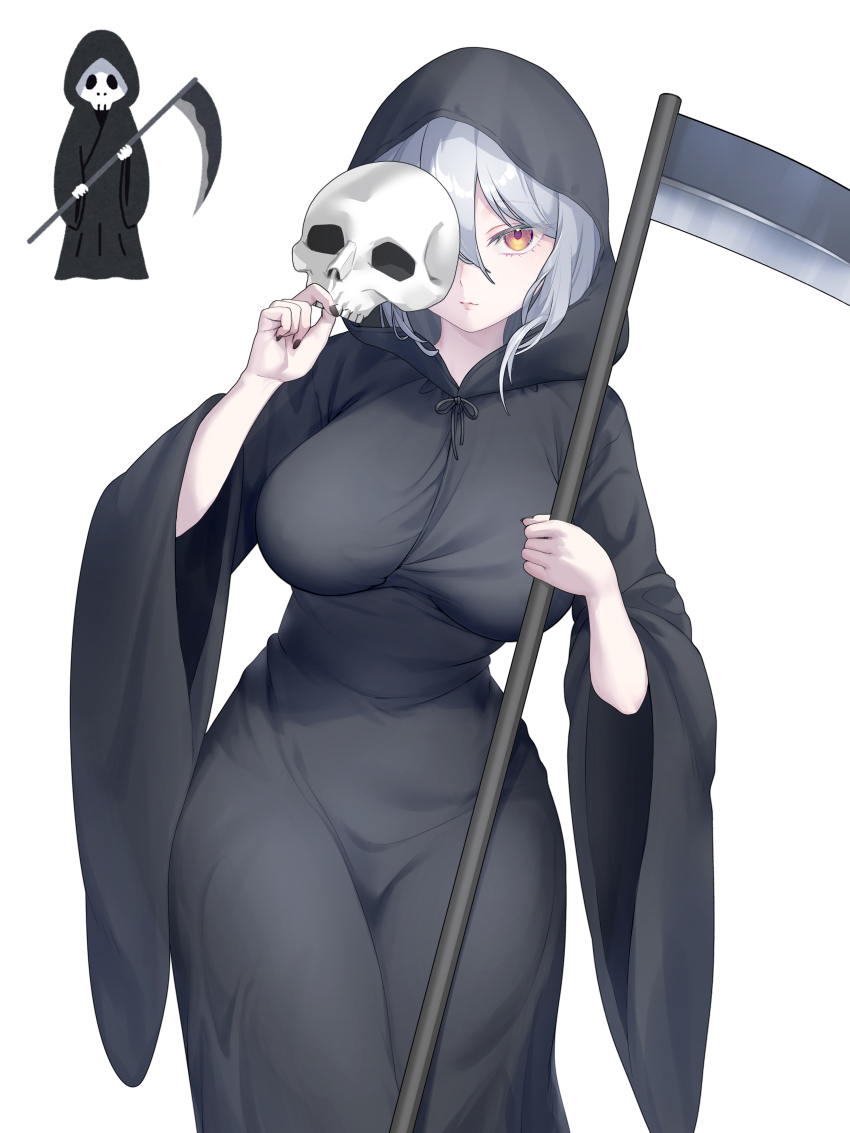 1girl absurdres aesice black_robe breasts death_(entity) grey_hair grim_reaper highres irasutoya irasutoya_challenge large_breasts looking_at_viewer mask original robe scythe simple_background skull_mask solo white_background