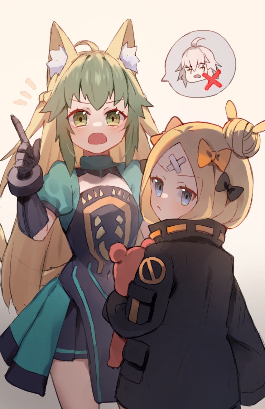 2girls abigail_williams_(fate) abigail_williams_(traveling_outfit)_(fate) ahoge animal_ear_fluff animal_ears atalanta_(fate) atalanta_alter_(fate) black_bow black_gloves black_jacket blonde_hair bow braid brown_background brown_hair closed_mouth covered_navel dress elbow_gloves fate/grand_order fate_(series) gloves green_dress green_eyes green_hair grey_hair hair_between_eyes hair_bow hair_bun hand_up highres index_finger_raised jacket jeanne_d&#039;arc_alter_(fate) miya_(miyaruta) multicolored_hair multiple_girls notice_lines open_mouth orange_bow parted_bangs spoken_character stuffed_animal stuffed_toy teddy_bear two-tone_hair v-shaped_eyebrows yellow_eyes