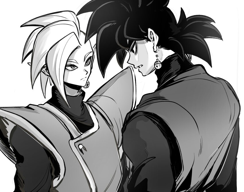 2boys bodysuit closed_mouth dougi dragon_ball dragon_ball_super earrings expressionless eye_contact gimdol_z goku_black greyscale jewelry long_sleeves looking_at_another mohawk monochrome multiple_boys parted_lips pointy_ears potara_earrings saiyan shirt short_hair spiked_hair white_background white_hair zamasu