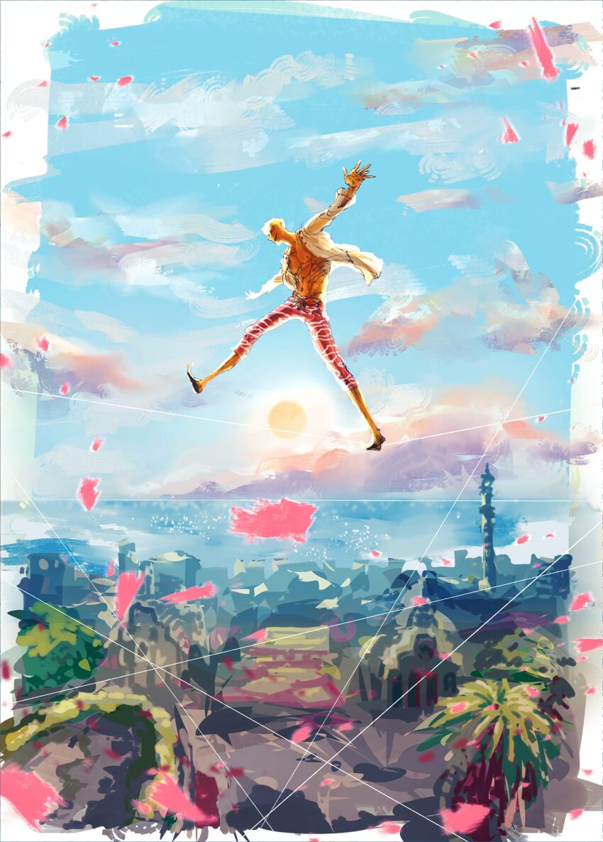 1boy absurdres blonde_hair blue_sky capri_pants cloud cloudy_sky donquixote_doflamingo feathers highres leg_up male_focus muscular muscular_male ocean one_piece open_clothes open_shirt pants rope_walking shirt short_hair sky smile solo sun sunglasses thread town white_shirt yukhoe0902