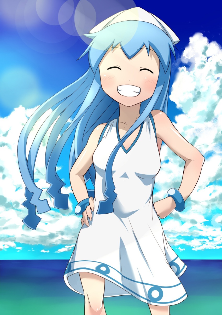 Panimiiru Ikamusume Shinryaku Ikamusume Highres 1girl Blue Hair Closed Eyes Cloud Dress