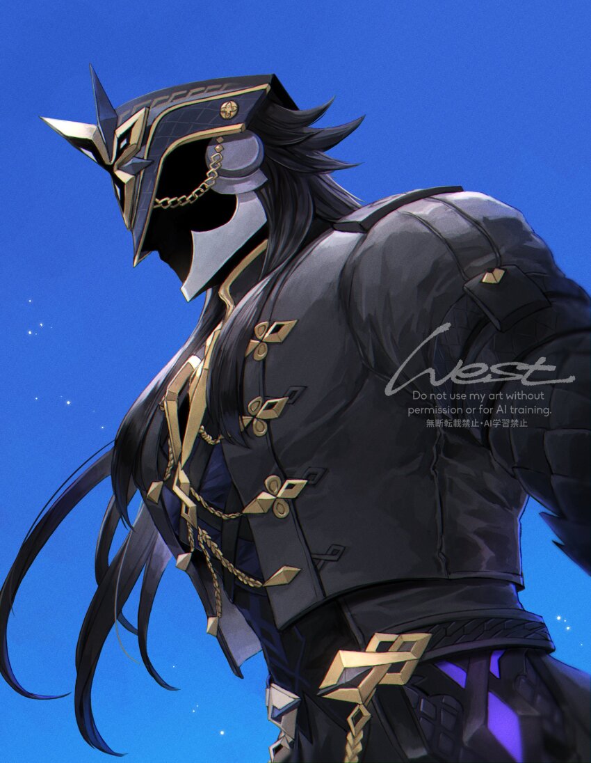 1boy absurdres aiguillette artist_name black_hair black_helmet black_jacket blue_background capitano_(genshin_impact) chain commentary_request genshin_impact gold_chain gold_trim helm helmet highres jacket long_hair long_sleeves male_focus profile signature simple_background solo watermark west_(west24_draw)