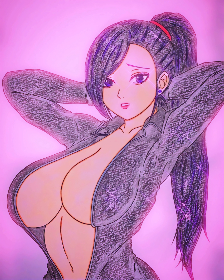 1girl absurdres arms_behind_head arms_up black_bodysuit black_hair blue_eyes bodysuit breasts cleavage collarbone dragon_quest dragon_quest_xi earrings highres jewelry large_breasts long_hair looking_at_viewer martina_(dq11) navel open_bodysuit open_clothes parted_lips ponytail purple_background solo sparkle square_enix teeth uniuni_(pixiv_17449467) unzipped unzipped_bodysuit upper_body