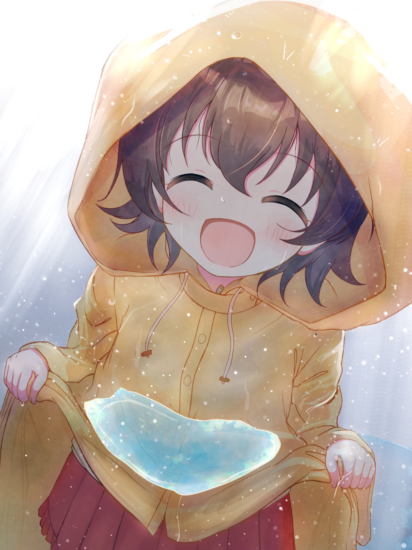 1girl :d absurdres akagi_miria brown_hair grey_background hair_between_eyes highres holding_water hood idolmaster idolmaster_cinderella_girls lifting_own_clothes open_mouth raincoat red_skirt short_hair simple_background skirt smile solo user_ycgs4822 water water_drop yellow_hood yellow_raincoat