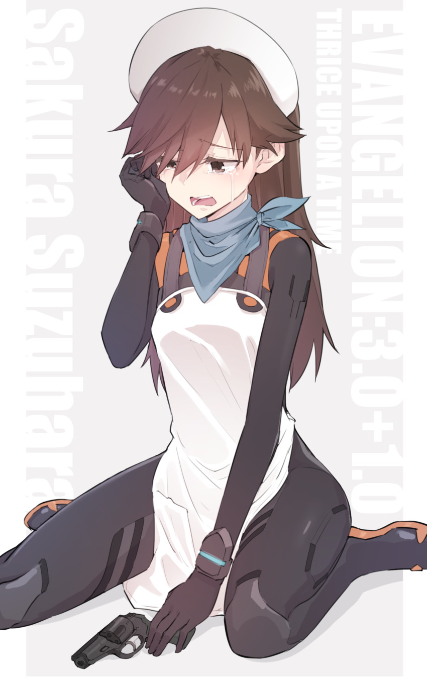 1girl artist_request black_bodysuit blush bodysuit breasts brown_eyes brown_hair evangelion:_3.0+1.0_thrice_upon_a_time gun handgun hat highres long_hair looking_down mecha_pilot_suit medium_breasts neon_genesis_evangelion nurse_cap open_mouth pistol plugsuit rebuild_of_evangelion sad shiny_clothes simple_background sitting solo suzuhara_sakura tears weapon yopan_danshaku