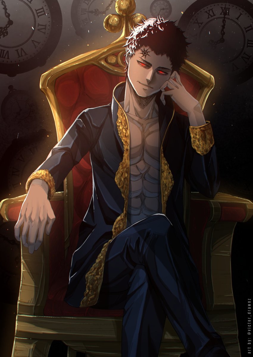 abs black_clover black_hair clock crossed_legs highres lucius_zogratis male_focus open_clothes open_shirt red_eyes throne victor_drawnz