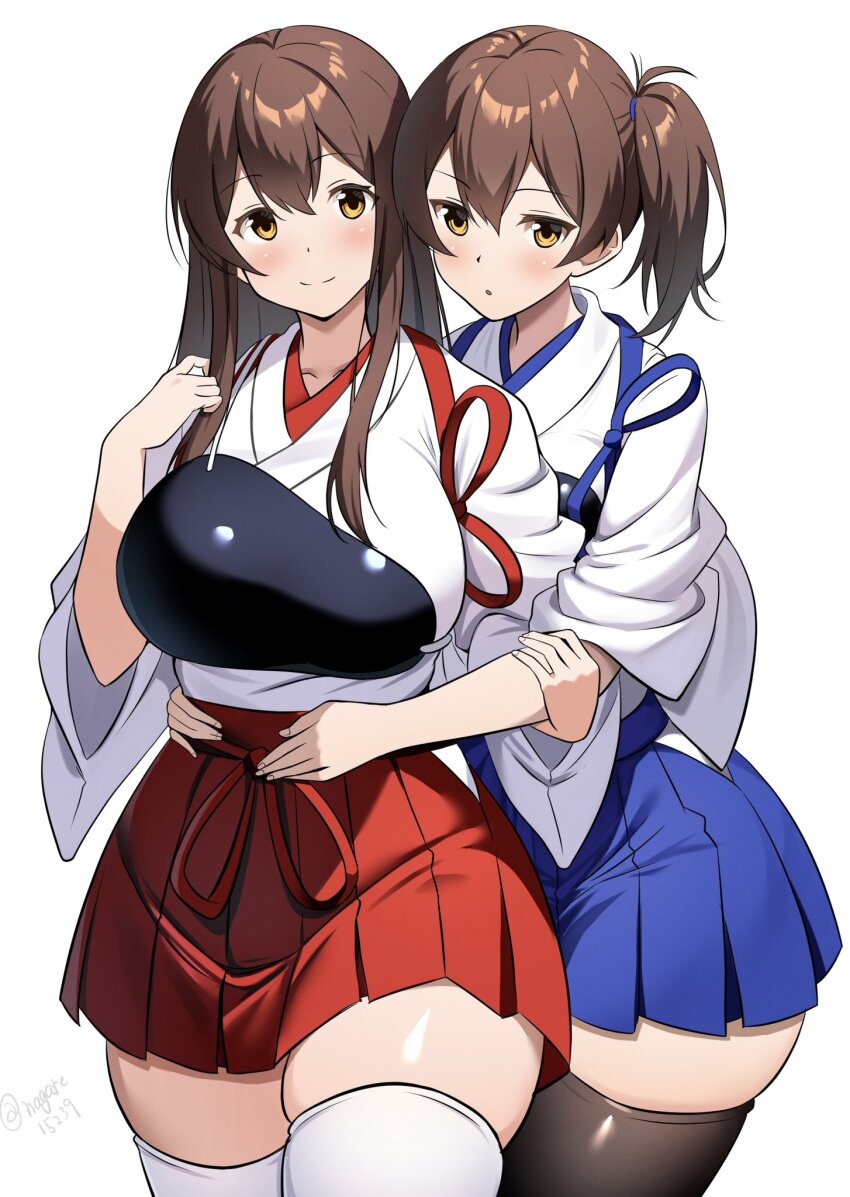 2girls akagi_(kancolle) black_hair blue_hakama blush breasts brown_eyes brown_hair hakama hakama_short_skirt hakama_skirt hand_on_another&#039;s_stomach highres japanese_clothes kaga_(kancolle) kantai_collection large_breasts long_hair multiple_girls muneate nagare_(flow) red_hakama short_hair short_sidetail side_ponytail skindentation skirt smile tasuki thick_thighs thighhighs thighs twintails zettai_ryouiki