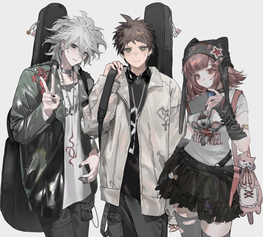 1girl 2boys absurdres ahoge alternate_costume animal_bag animal_ears bandaid bandaid_on_arm belt black_belt black_hat black_nails black_pants black_skirt blush breasts brown_hair casual cat_bag danganronpa_(series) danganronpa_2:_goodbye_despair fake_animal_ears flipped_hair grey_hair grey_jacket guitar_case handheld_game_console hat hat_ornament highres hinata_hajime holding holding_handheld_game_console instrument_case jacket kiyoshi_st komaeda_nagito large_breasts layered_skirt looking_at_viewer medium_hair messy_hair miniskirt multiple_boys nail_polish nanami_chiaki nintendo_switch open_clothes open_jacket pants print_shirt shirt short_hair short_sleeves skirt smile star_(symbol) star_hat_ornament sweatdrop thighhighs torn_clothes torn_thighhighs v zettai_ryouiki