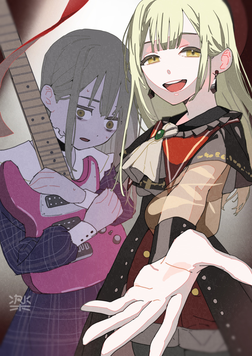 2girls :d absurdres ascot bags_under_eyes bang_dream! bang_dream!_it&#039;s_mygo!!!!! black_capelet blunt_bangs capelet cowboy_shot dual_persona earrings electric_guitar green_hair guitar highres holding holding_guitar holding_instrument hugging_object instrument jewelry long_hair long_sleeves looking_at_viewer mortis_(bang_dream!) multiple_girls nervous_sweating oda_ya_ka open_mouth outstretched_arm reaching reaching_towards_viewer red_shorts scared see-through_clothes see-through_sleeves shorts sidelocks smile standing sweat wakaba_mutsumi white_ascot yellow_eyes