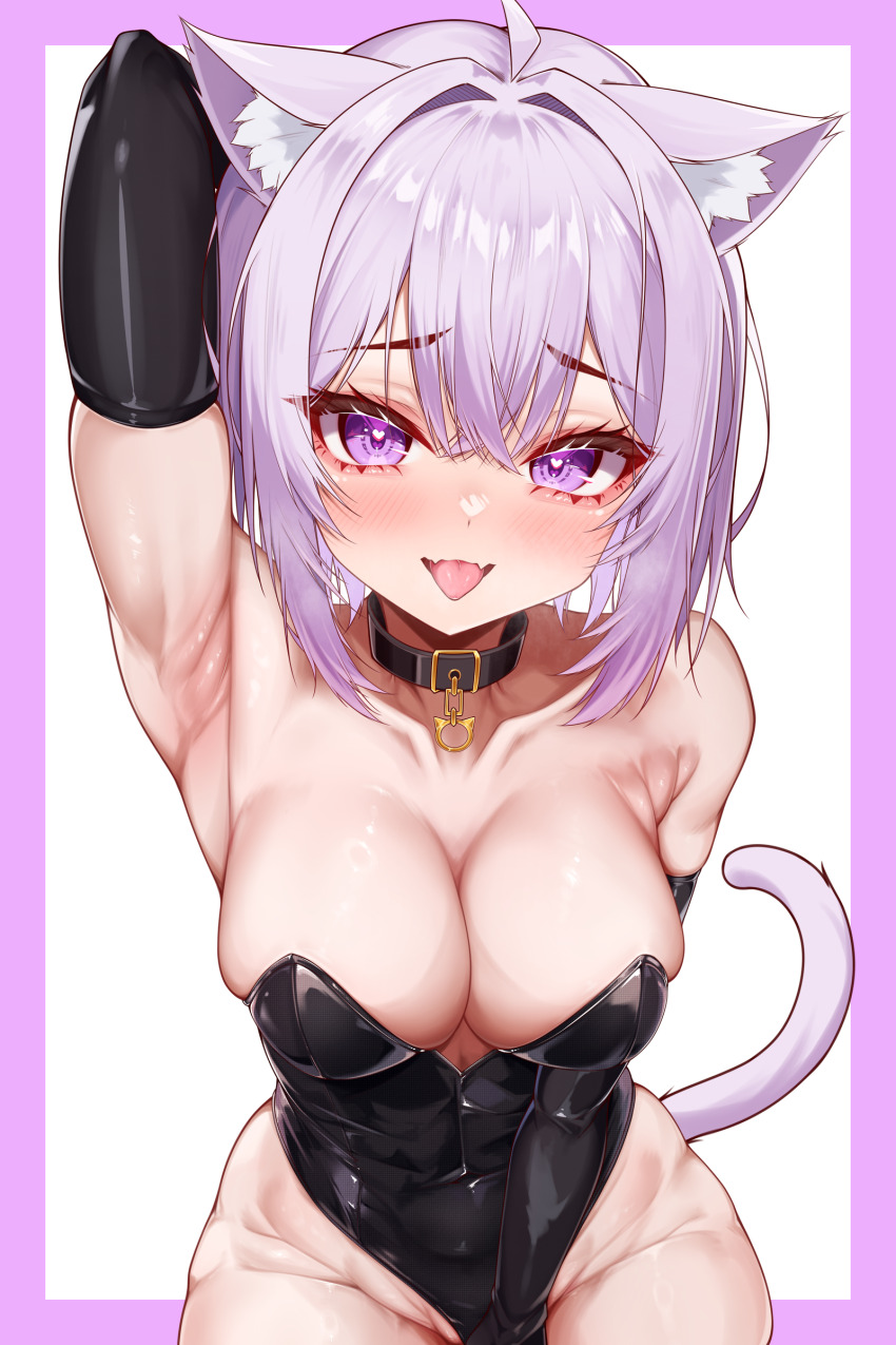 1girl absurdres alternate_costume amaki_daisuke animal_ear_fluff animal_ears arm_behind_back arm_behind_head armpits bare_shoulders black_choker black_leotard blush breasts cat_ears cat_girl cat_tail choker cleavage collarbone commentary_request cowboy_shot fangs highres hololive large_breasts leotard medium_hair nekomata_okayu open_mouth purple_background simple_background skin_fangs solo strapless strapless_leotard tail tongue tongue_out virtual_youtuber white_background