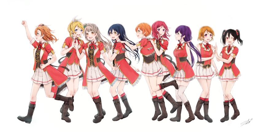 6+girls :d arm_up arms_behind_back ayase_eli black_hair blonde_hair blue_hair boots bow brown_eyes brown_footwear brown_hair eye_contact floating_hair full_body green_eyes hair_between_eyes hair_bow hair_ornament hair_ribbon hair_scrunchie hand_on_another&#039;s_shoulder highres hoshizora_rin jacket kneehighs koizumi_hanayo leg_up long_hair looking_at_another looking_at_viewer love_live! love_live!_school_idol_project miniskirt multiple_girls necktie nishikino_maki open_mouth orange_hair pink_scrunchie pleated_skirt ponytail purple_hair red_bow red_eyes red_hair red_jacket red_legwear red_neckwear ribbon scrunchie short_hair simple_background skirt smile socks sonoda_umi standing suito thighhighs twintails very_long_hair walking white_background white_legwear white_ribbon white_skirt yazawa_nico zettai_ryouiki