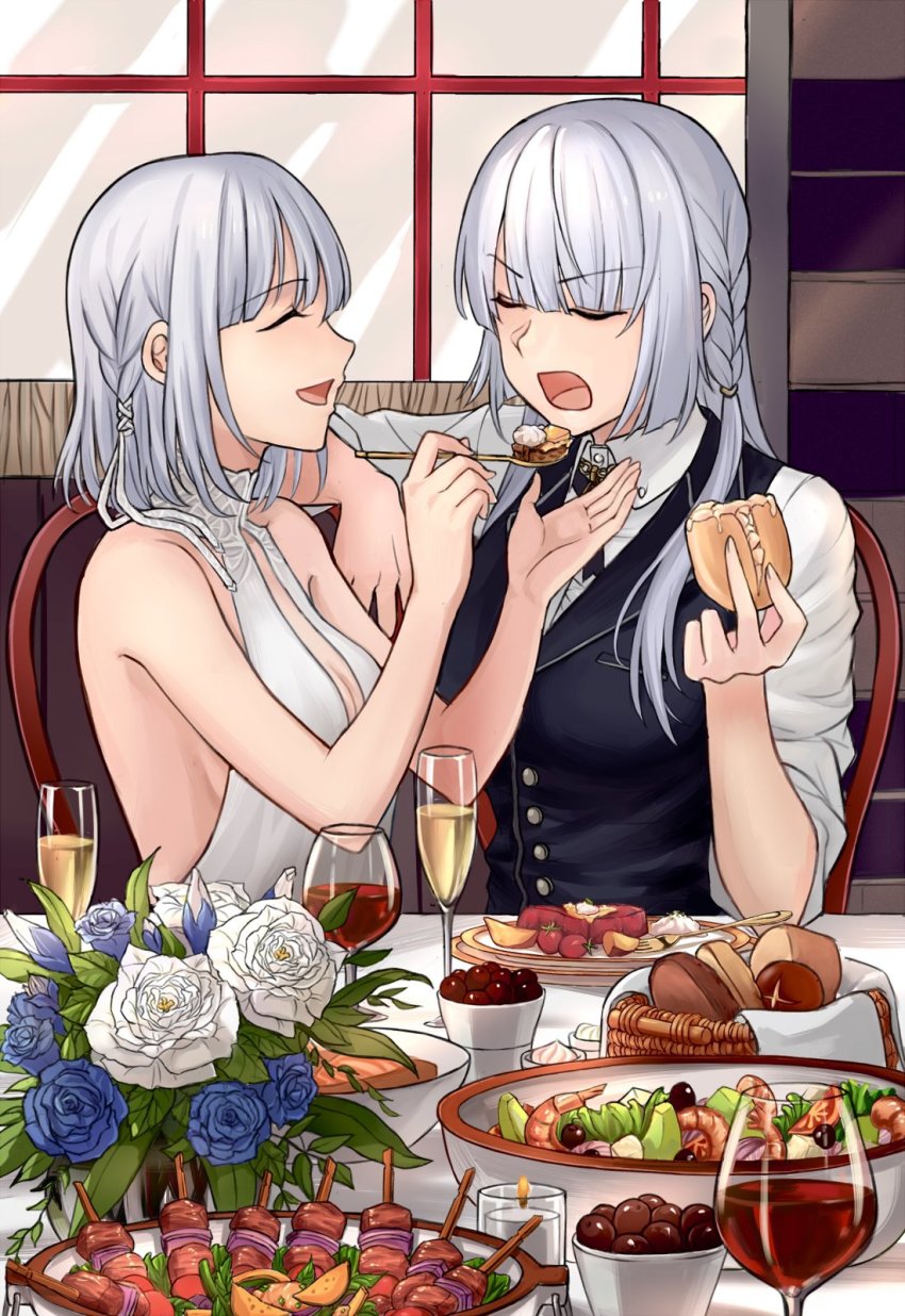 2girls ak-15_(girls&#039;_frontline) blazer blouse breasts closed_eyes cup defy_(girls&#039;_frontline) dinner dress drinking_glass eating flower food girls&#039;_frontline hair_ornament highres jacket long_hair medium_breasts multiple_girls necktie open_mouth plate rpk-16_(girls&#039;_frontline) shirt short_hair silayloe silver_hair smile steak tagme white_dress white_shirt wine_glass