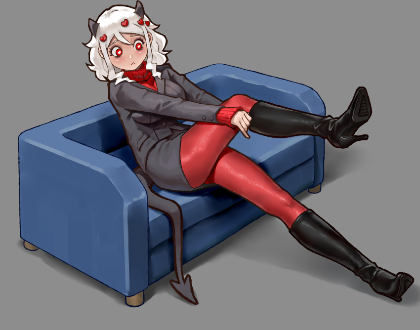 1girl black_horns blue_couch blush boots couch demon demon_girl demon_horns demon_tail grey_background heart heart-shaped_pupils helltaker high_heel_boots high_heels highres horns modeus_(helltaker) on_couch pandawei pantyhose red_eyes red_pantyhose red_sweater simple_background sitting sweater symbol-shaped_pupils tail thighband_pantyhose white_hair