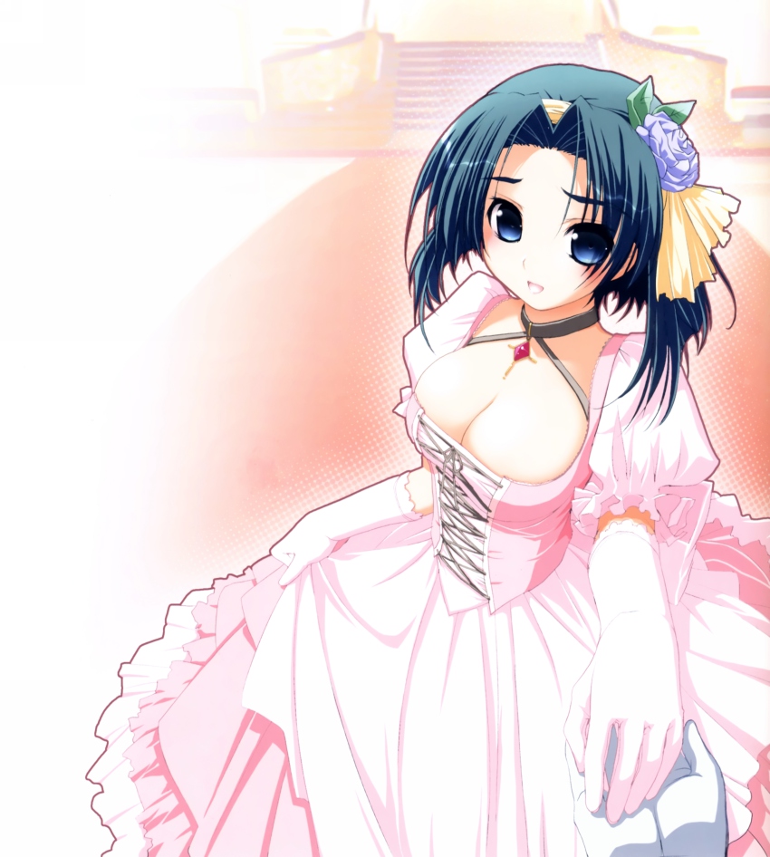 1girl :d absurdres akata_itsuki aqua_hair blue_eyes breasts cleavage dress female_focus flower flower_on_head foreshortening gloves hair_flower hair_ornament highres hime-sama_ririshiku! jewelry large_breasts necklace open_mouth short_hair smile solo wedding_dress