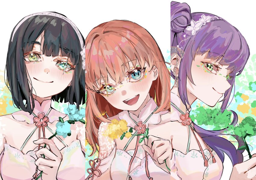 3girls 3rd_live_tour_try_tri_unity!!! :d absurdres blue_eyes blue_flower cerise_bouquet closed_mouth collarbone column_lineup commentary_request crossed_bangs diffraction_spikes dress flower green_eyes green_flower hair_bun highres hinoshita_kaho holding holding_flower jin_(oihlf) link!_like!_love_live! long_hair looking_at_viewer love_live! medium_hair momose_ginko multiple_girls off-shoulder_dress off_shoulder open_mouth orange_hair otomune_kozue purple_hair side_ponytail sidelocks single_side_bun smile two_side_up upper_body virtual_youtuber white_dress yellow_flower