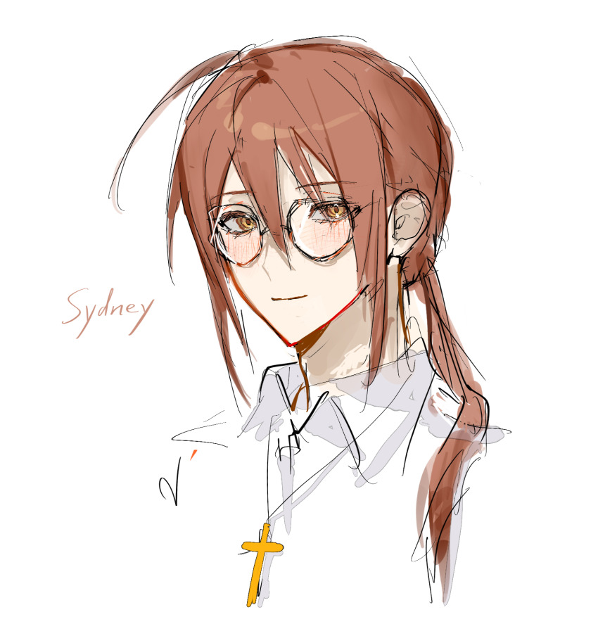 1boy blush character_name chinese_commentary closed_mouth collared_shirt commentary_request cropped_shoulders cross cross_necklace degrees_of_lewdity glasses gouzhiyi hair_between_eyes highres jewelry latin_cross male_focus necklace orange_hair shirt sketch smile solo sydney_(degrees_of_lewdity) white_shirt yellow_eyes