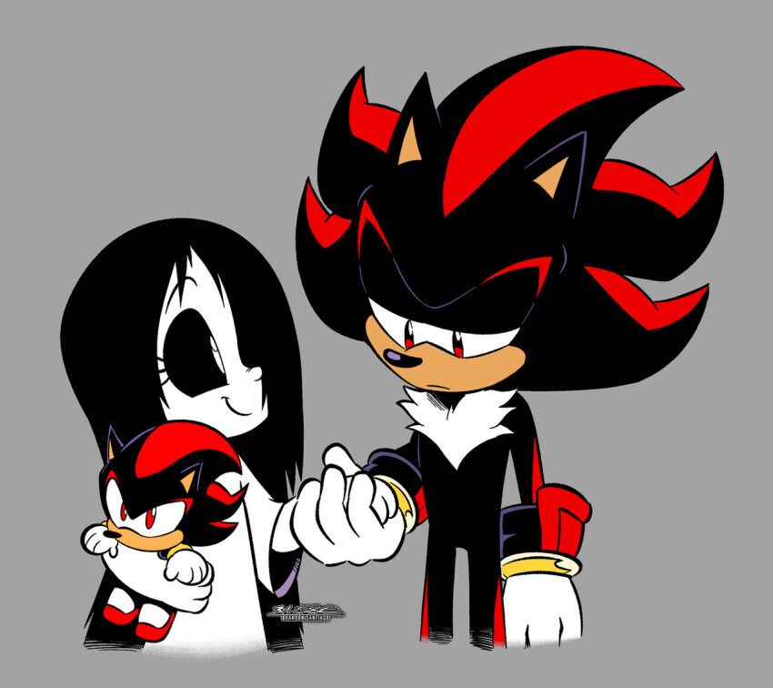 1boy 1girl artist_logo black_hair brandon_santiago character_doll colored_skin doll erma_(comic) erma_williams furry furry_male gloves grey_background holding holding_doll holding_hands red_eyes shadow_the_hedgehog simple_background sonic_(series) white_gloves white_skin