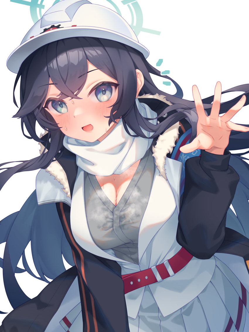 1girl black_hair blue_archive blush breasts cleavage commentary grey_eyes halo hard_hat helmet highres jacket kutori_pan&#039;ya large_breasts long_hair looking_at_viewer minori_(blue_archive) open_clothes open_jacket open_mouth pleated_skirt scarf shirt skirt solo steaming_body sweat