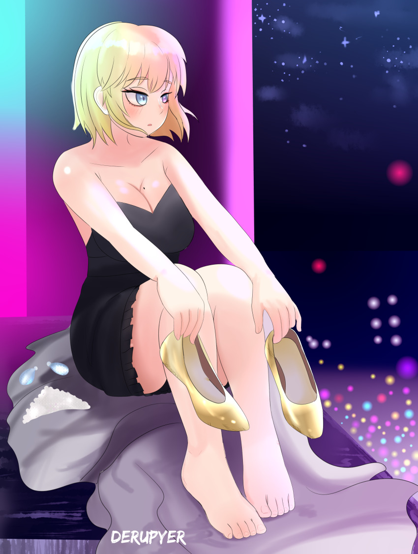 1girl absurdres barefoot blonde_hair blue_eyes blush breasts cleavage derupyer dress feet highres hololive hololive_english large_breasts medium_hair mole mole_on_breast parted_lips shoes toes unworn_shoes virtual_youtuber watson_amelia