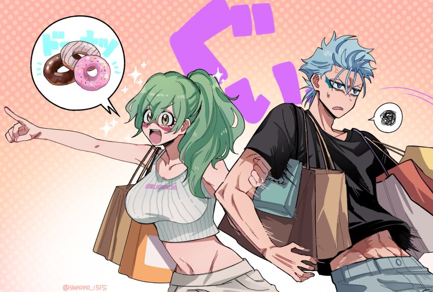 1boy 1girl :d abs alternate_costume alternate_hairstyle anger_vein angry arm_hug bag bare_arms black_shirt bleach bleach:_sennen_kessen-hen blue_eyes blue_hair breasts brown_eyes collarbone commentary_request contemporary cowboy_shot crop_top doughnut excited eyelashes facial_mark food frown gradient_background green_hair grey_shirt grimmjow_jaegerjaquez hair_between_eyes hetero highres holding holding_bag large_breasts long_hair motion_lines muscular muscular_male navel nelliel_tu_odelschwanck open_mouth outstretched_arm pink_background polka_dot polka_dot_background ponytail scar scar_on_chest shirt shopping shopping_bag short_hair short_sleeves simple_background sleeveless sleeveless_shirt smile sound_effects sparkle speech_bubble spiked_hair spoken_squiggle squiggle sweatdrop tareme teeth tsurime twitter_username upper_teeth_only v-shaped_eyebrows white_background wide-eyed yanono_015