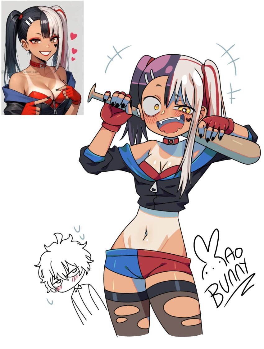 1boy 1girl ai-generated_art_(topic) alternate_hairstyle baseball_bat black_jacket black_thighhighs blonde_hair brown_hair cosplay crazy_eyes crazy_smile curvy dc_comics hachiouji_naoto harley_quinn harley_quinn_(cosplay) highres ijiranaide_nagatoro-san jacket mao_bunny multicolored_hair nagatoro_hayase naughty_face navel one-piece_tan reference_inset shiny_skin smile tan tanline thighhighs twintails two-tone_hair two-tone_shorts wide_hips yellow_eyes